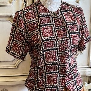 ABSTRACT ART TOP MID CENTURY VTG RAYON GORGEOUS FALL SUNSET HUES EX COND SZ: MED